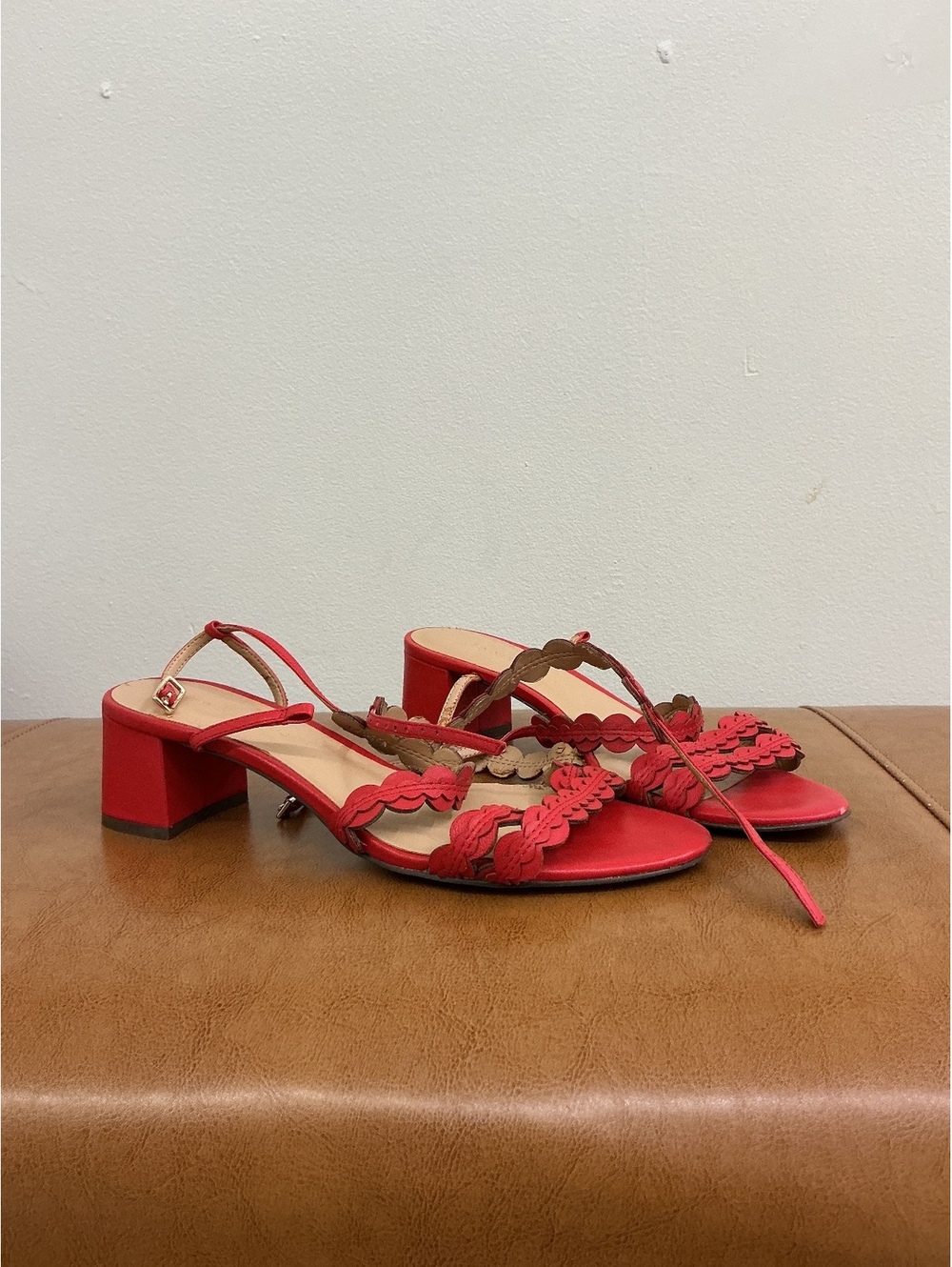 Red Scalloped Strap Block Heel Sandals